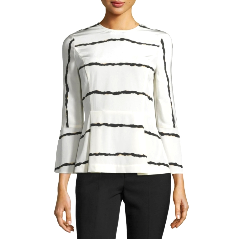 10 Crosby Derek Lam Silk Striped Peplum Top NWT Size 6 Cream/Black